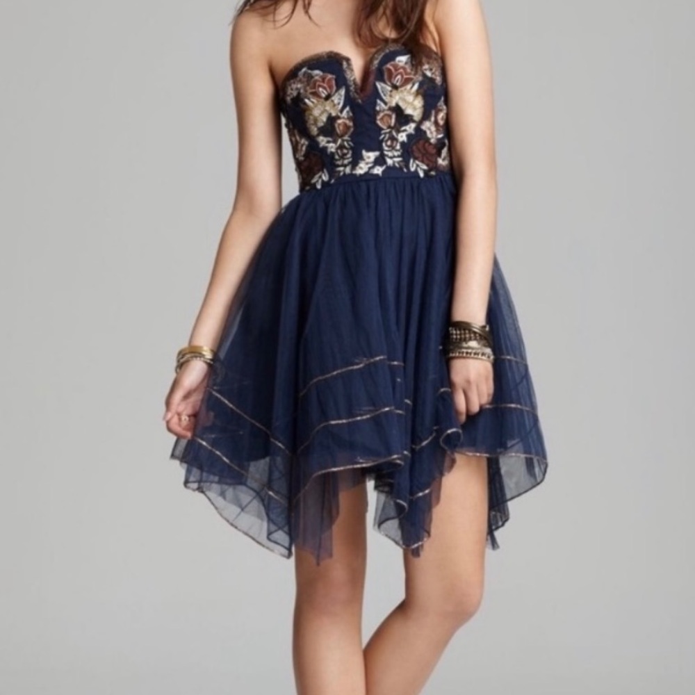 Free People Navy Floral Embroidered Bodice Dress